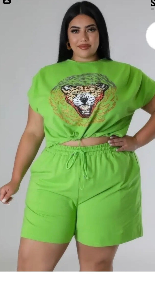 Plus Size Stretch Short Set with Cheetah Graphic