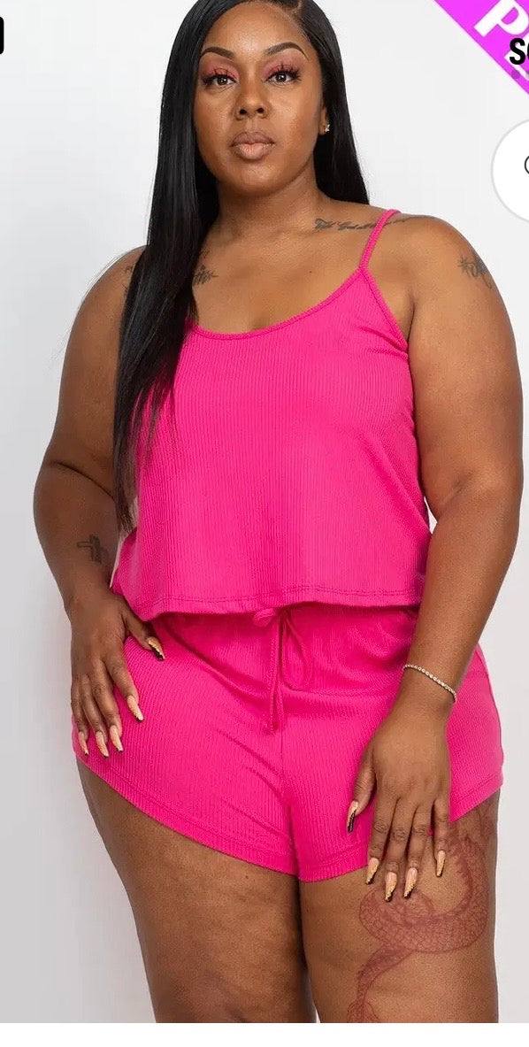 Plus Size Ribbed Strappy Top and Shorts Set