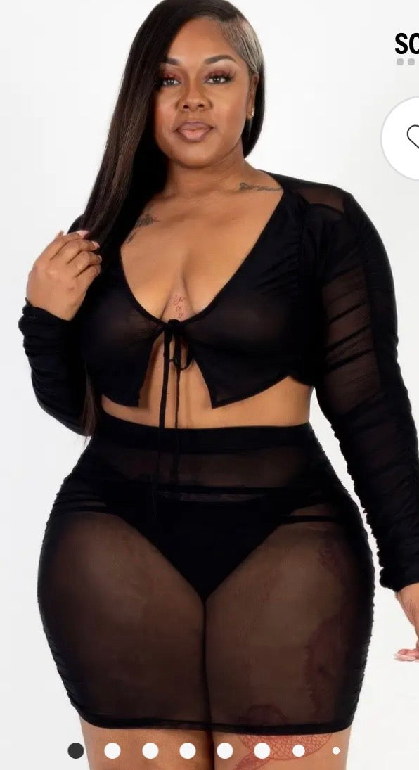 Plus Sheer Mesh Tie Front Crop Top & Ruched Side Mini Dress